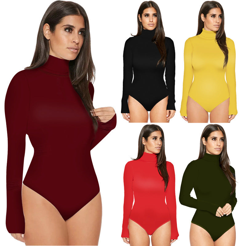 Best selling women 12 color long sleeve high collar Slim jumpsuit