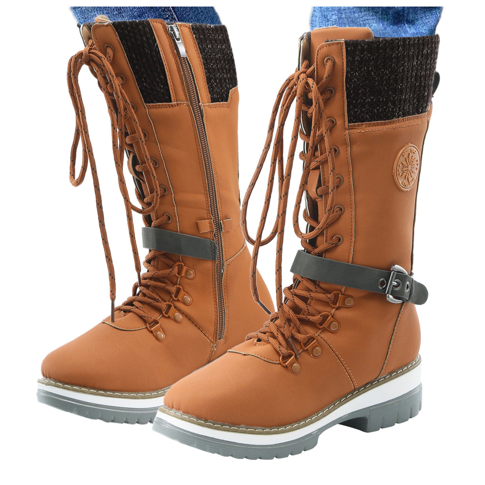 Women's Mid Boots Round Toe Square Heel Leather Shoes